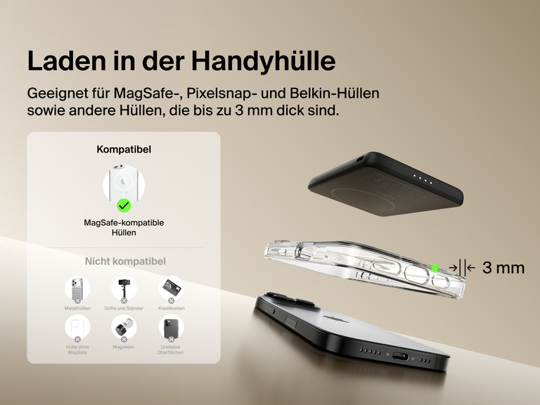 Belkin BoostCharge Slim Magnetic Power Bank 5K shown aligning with a smartphone and MagSafe-compatible case, demonstrating wireless charging through cases up to 3mm thick.