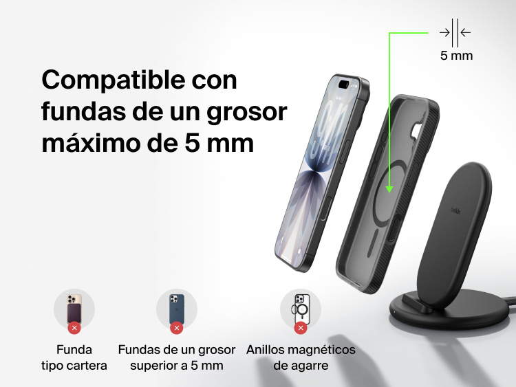 Belkin BoostCharge Wireless Charging Stand 15W shown charging through phone cases up to 5mm thick, not compatible with wallet cases, thick cases, or ring grips.