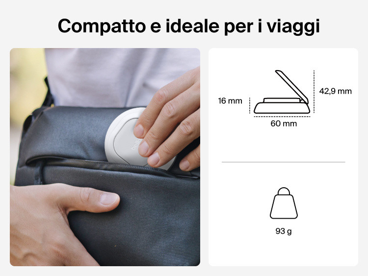 Immagine del caricabatteria magnetico con Qi2 25W Belkin UltraCharge, che dimostra come sia un accessorio compatto e ideale per i viaggi, facilmente riponibile in una borsa, con riportate le dimensioni del prodotto e il peso leggero del design.
