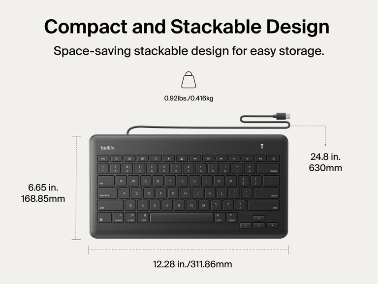 USB-C Keyboard for iPad with dimensions labeled as 24.8 x 12.28 x 6.65 in and weight of 0.92 lbs, shown at an angle with the USB-C cable attached