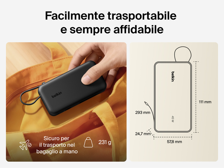 Belkin UltraCharge 10K power bank with integrated USB-C cable and digital display shown as a lightweight, TSA carry-on approved portable charger for everyday travel