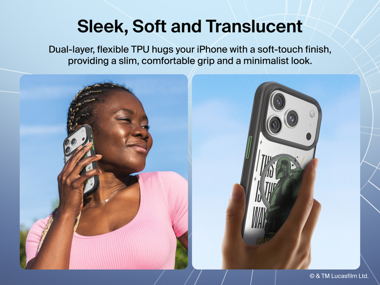 Belkin SheerForce Grip Series Case for iPhone 17 Pro featuring Star Wars The Mandalorian and Grogu artwork with a slim dual-layer design, soft-touch finish, and comfortable grip.
