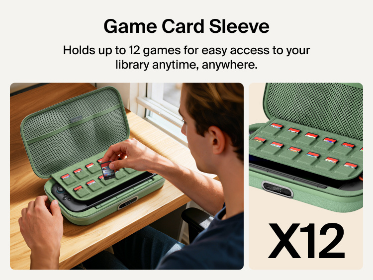 Belkin Gaming Charging Case Pro for Nintendo Switch 2 shown with integrated game card sleeve holding up to 12 cartridges for organized portable storage.