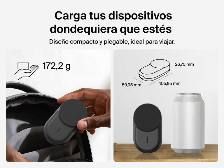 El cargador magnético plegable 3 en 1 con Qi2 25W Belkin UltraCharge posee un diseño compacto y portátil, perfecto para viajar. Pesa tan solo 190 gramos y sus dimensiones lo convierten en una solución muy portátil.