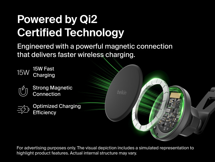 Belkin BoostCharge Magnetic Wireless Charging Car Vent Mount shown with an exploded view of its Qi2-certified magnetic coil system highlighting 15W fast charging, strong magnetic connection, and optimized efficiency.