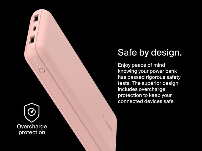A Belkin BoostCharge Power Bank 20K is shown with LED indicators and dual USB ports on a black background, emphasizing its overcharge protection and safety-tested design.