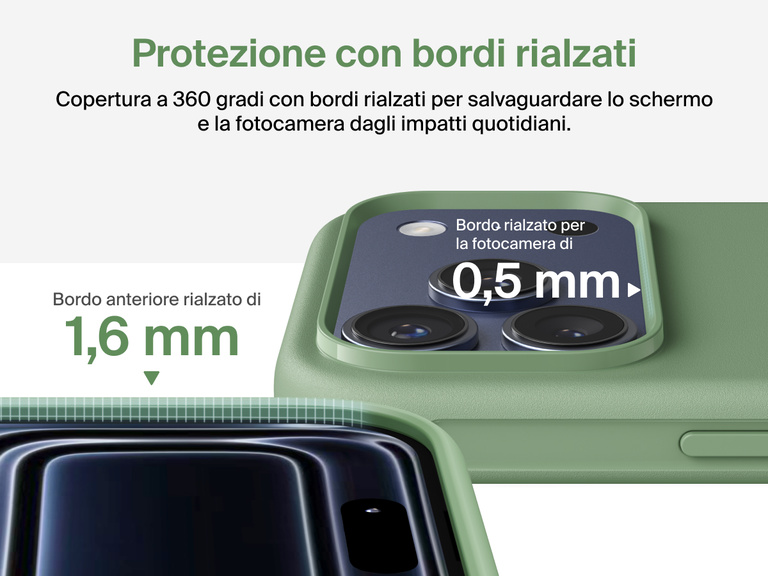 Immagine della custodia Belkin SheerForce Protect Series per iPhone 17 con design dei bordi rialzati e protezione dalle cadute di grado militare (fino a 4 metri).