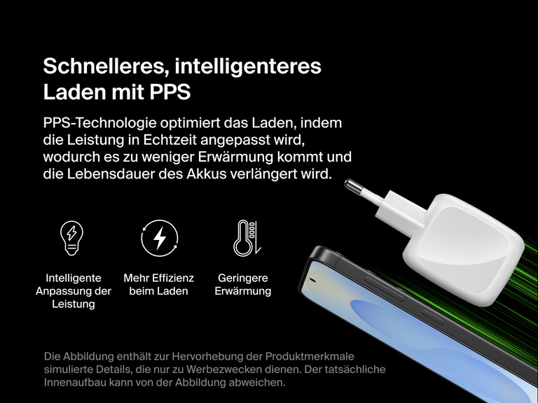 Das Belkin BoostCharge Pro USB-C-GaN-Ladegerät mit zwei Anschlüssen (50 W) und PPS-Technologie, die zum intelligenten Anpassen der Leistung, zur Verbesserung der Effizienz beim Laden, geringerer Erwärmung beim Schnellladen und Schonung des Akkus dient.