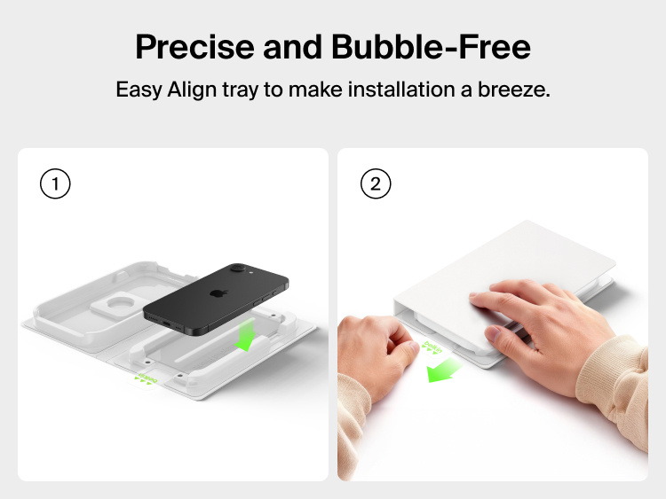 Belkin ScreenForce TemperedGlass screen protector for iPhone 17e featuring Easy Align tray for precise, bubble-free installation with step-by-step application process