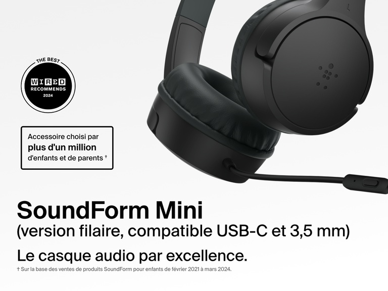 Close-up image of the Belkin SoundForm Mini Wired On-Ear Headphones for Kids, featuring a detachable boom mic and compatibility with USB-C and 3.5mm, promoted as the top choice for over one million kids and parents.