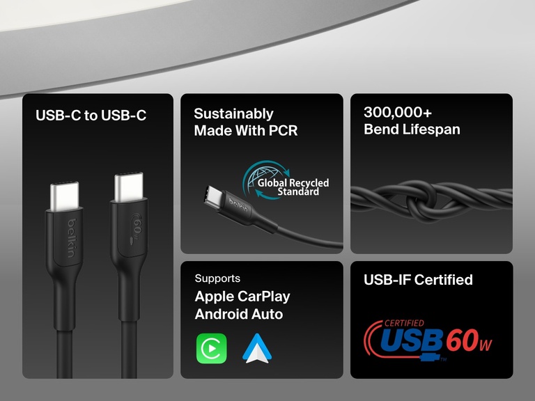 Infographic showcasing the Belkin BoostCharge Pro USB-C to USB-C Braided Cable 60W, featuring 300,000+ bend lifespan, sustainable PCR materials, USB-IF certification, and compatibility with Apple CarPlay and Android Auto.