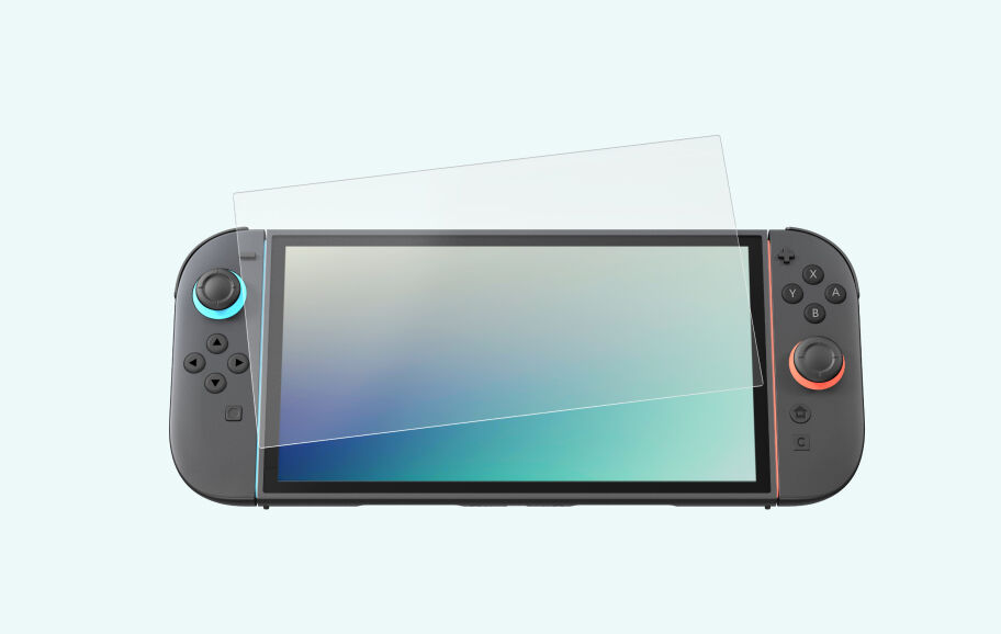 Nintendo Switch 2 console with a screen protector positioned above the display to showcase screen coverage and protection.