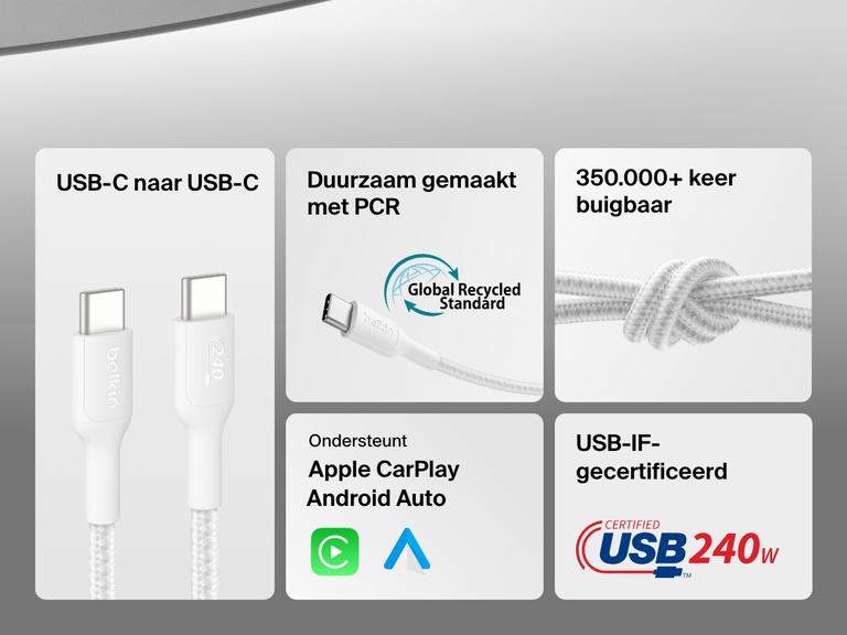Feature callout graphic highlighting the Belkin BoostCharge Pro USB-C to USB-C Braided Cable 240W with USB-IF certification, 350,000+ bend lifespan, PCR materials, and compatibility with Apple CarPlay and Android Auto.