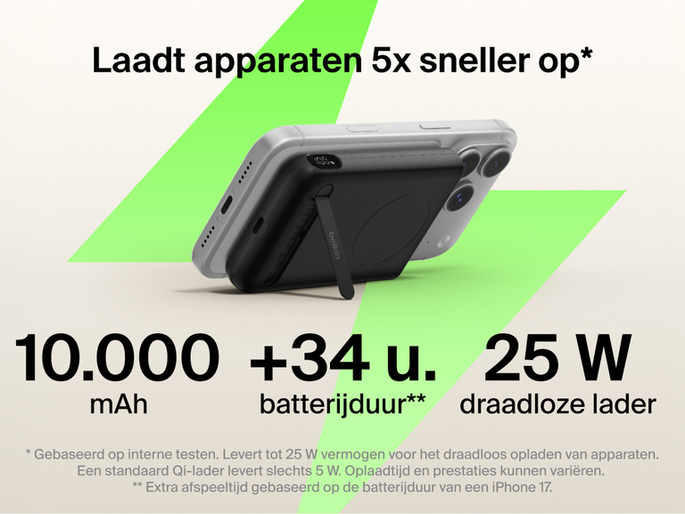 Belkin UltraCharge Pro Power Bank 10K with magnetic ring attached to a smartphone, highlighting up to 25W wireless fast charging, 10,000 mAh capacity, extended battery life, and built-in kickstand for hands-free use.