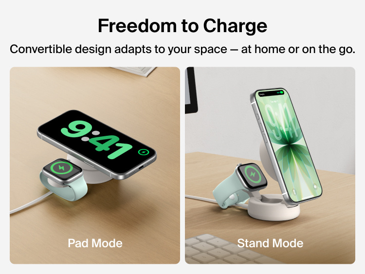 Belkin UltraCharge Pro 2-in-1 Convertible Magnetic Charger with Qi2 25W adapts to pad or stand mode, enabling fast wireless charging for a smartphone and Apple Watch at home or on the go.