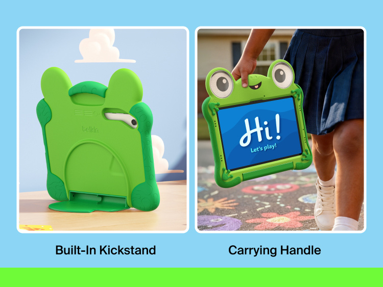 Belkin Disney Toy Story 5 Lilypad case for Samsung Galaxy Tab A11+ showcasing the built-in kickstand and integrated carrying handle for hands-free viewing and easy portability.