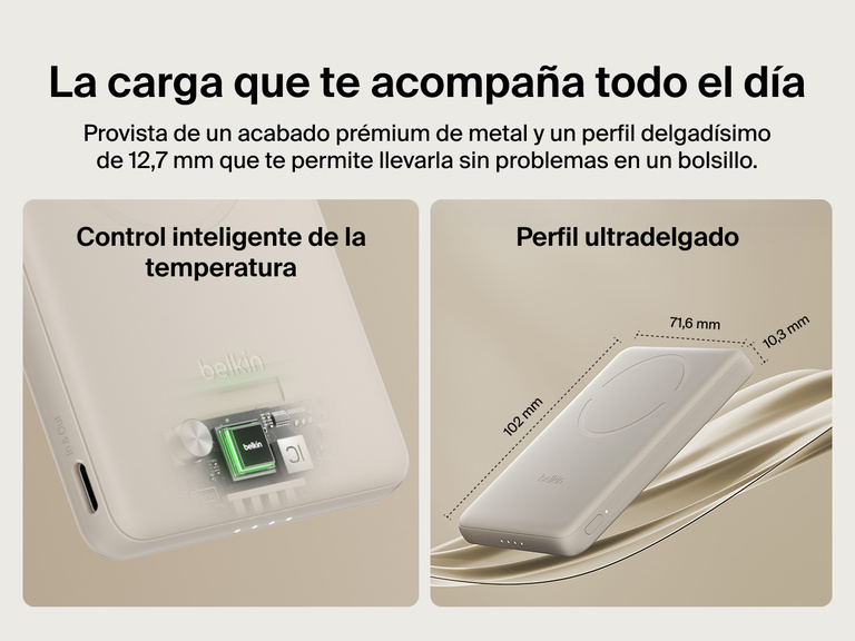 Belkin BoostCharge Slim Magnetic Power Bank 5K shown with smart thermal control and ultra-slim 0.5-inch profile designed for portable, pocket-friendly charging.