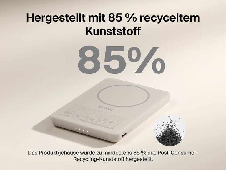 Belkin BoostCharge Slim Magnetic Power Bank 5K shown with text highlighting that its housing is made from 85% post-consumer recycled plastic for sustainable design.