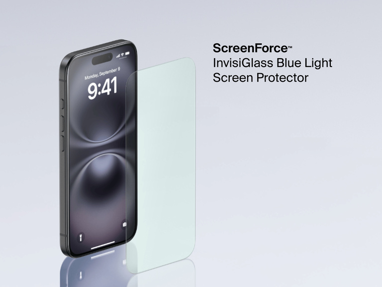 Belkin ScreenForce InvisiGlass Blue Light Screen Protector for iPhone reduces eye strain while keeping screens protected.