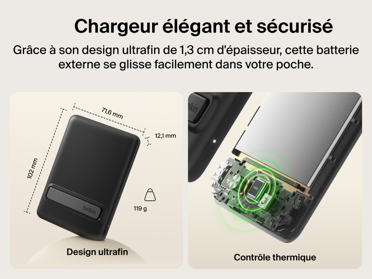 Belkin BoostCharge Slim Magnetic Power Bank 5K with Qi2 highlighting an ultra-slim, lightweight design with smart thermal control for safe, pocket-friendly portable charging.