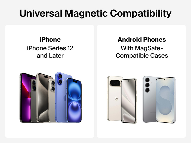 Belkin BoostCharge Magnetic Wireless Charging Car Vent and Dash Mount shown with universal magnetic compatibility for iPhone Series 12 and later and Android phones using magnetic wireless charging cases.