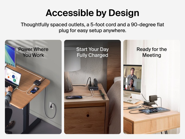 Three lifestyle images show the Belkin 3-Outlet Charging Station with 2 USB-A and 2 USB-C ports 70W used in a home office, bedroom, and meeting setup, emphasizing its 5-foot cord, 90-degree flat plug, and versatile charging for multiple devices.