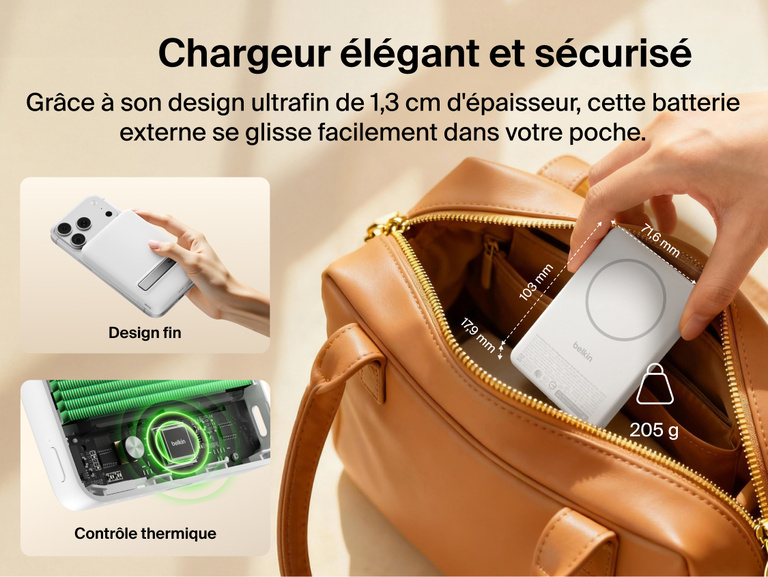 Slim Magnetic Power Bank 10K with Qi2 placed inside bag showing compact size and portability with dimension callouts