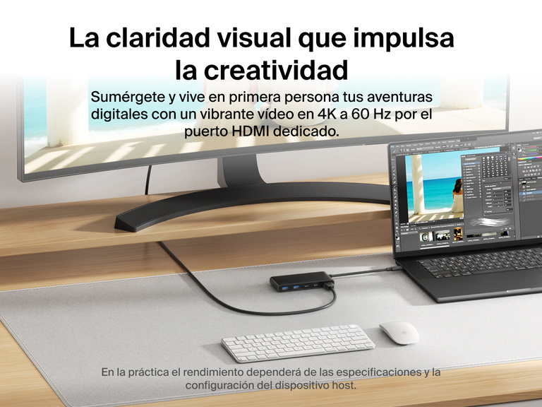Belkin Connect 7-Port USB-C Hub with Dual USB-C Ports connected to a laptop and monitor delivering 4K@60Hz visuals via HDMI.