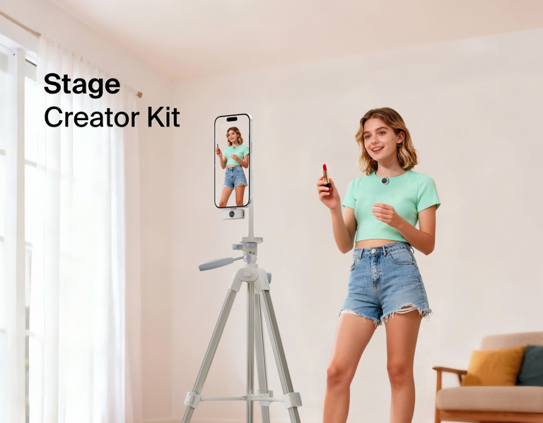 Image showing a person using the Belkin Stage Creator Kit with smartphone mounted on a motorized stand and tripod, demonstrating hands-free video recording for content creation in a home setting.