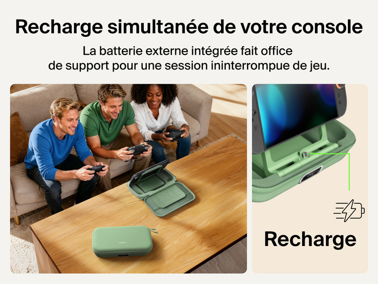 Belkin Gaming Charging Case Pro for Nintendo Switch 2 shown playing while charging with built-in power bank stand enabling uninterrupted tabletop gameplay.