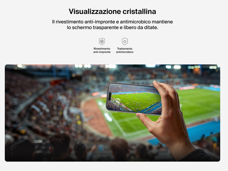 Il proteggi schermo Belkin ScreenForce InvisiGlass &egrave; dotato di un rivestimento anti-impronte per mantenere lo schermo altamente trasparente per una visualizzazione chiara dei contenuti.