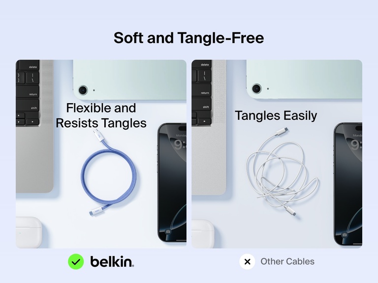 케이블 제품을 나란히 놓고 비교한 모습으로, Belkin BoostCharge USB-C to USB-C 케이블 240W가 쉽게 꼬이는 일반 케이블보다 유연하고 꼬임을 방지하도록 설계되었다는 것을 확인할 수 있습니다.