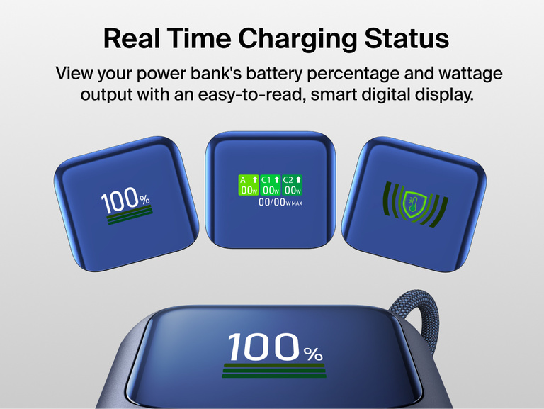 Close-up of the UltraCharge Power Bank 11K with Retractable Cable's smart digital display cycling through battery percentage, wattage output, and temperature status screens