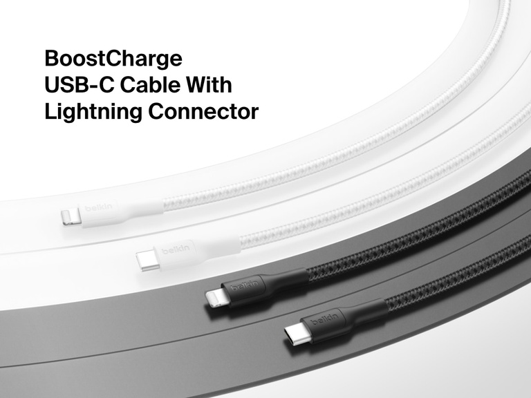 Belkin BoostCharge Pro USB-C Braided Cable with Lightning Connector shown in black and white, featuring a durable braided design for fast charging and reliable performance with Apple devices.