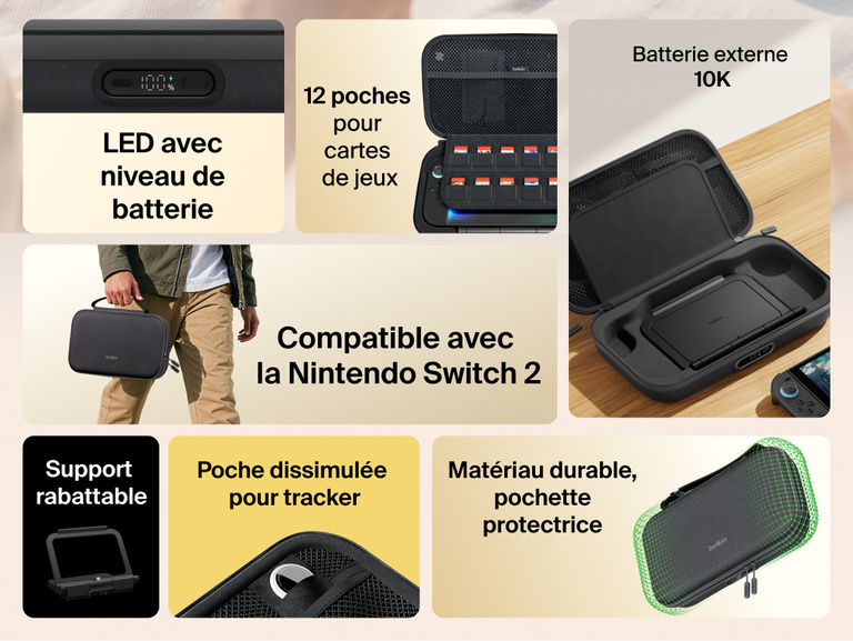 Feature overview of the Belkin Gaming Charging Case Pro for Nintendo Switch 2 highlighting built-in 10K power bank, LED battery indicator, flip-up stand, game card storage, smart tracker pocket, and durable protective design.