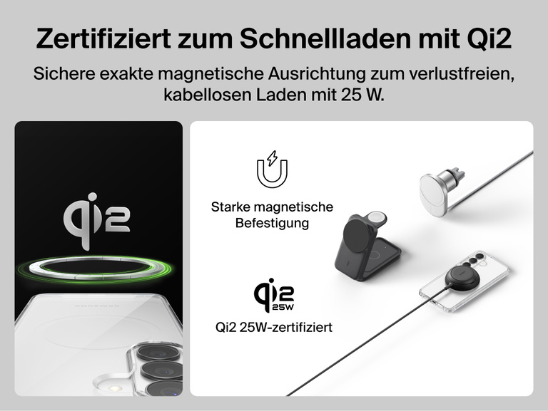 Belkin SheerForce Clear Series Case for Samsung Galaxy S26 shown supporting Qi2-certified 25W wireless charging with secure magnetic alignment for fast, efficient, and reliable charging.
