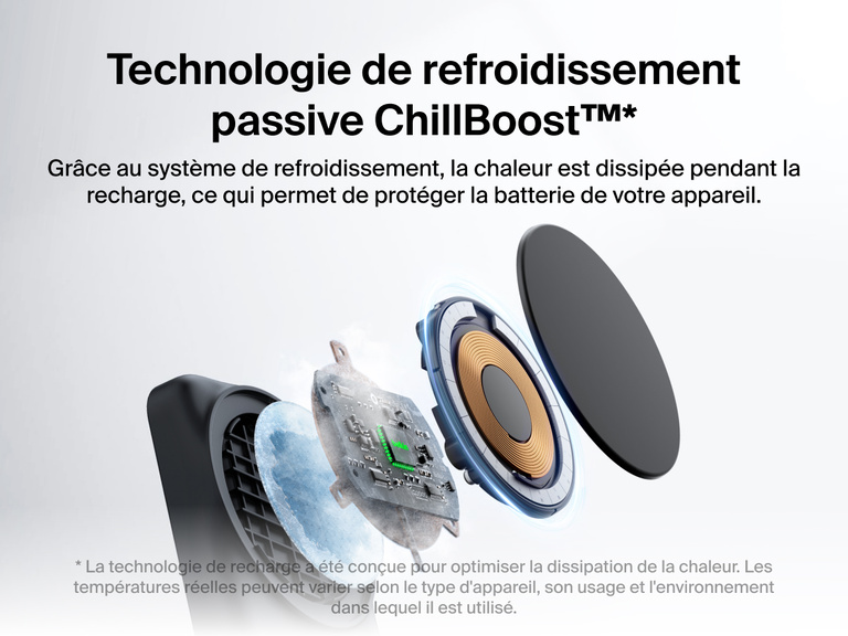 Socle de recharge 2-en-1 aimanté et pliable Belkin UltraCharge avec Qi2 25 W et technologie de refroidissement passive ChillBoost™ pour une meilleure dissipation de la chaleur et une protection de la batterie lors de la recharge.