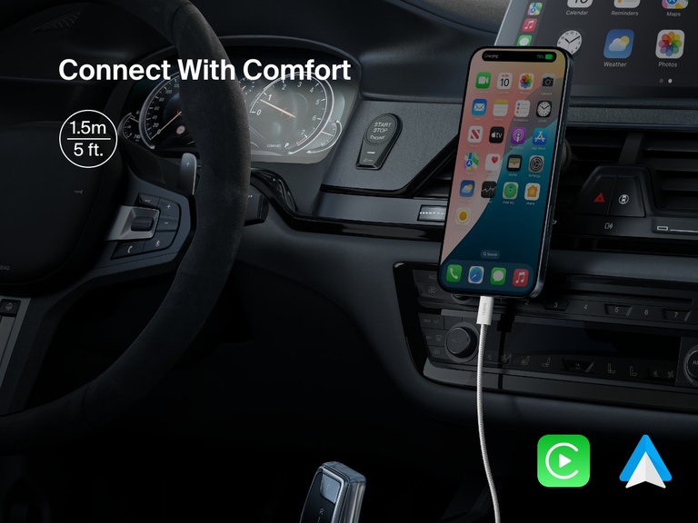 Image showing the Belkin BoostCharge USB-C to USB-C Cable 60W in a car setup with a 1.5-meter (5 ft.) length, enabling easy charging and seamless Apple CarPlay and Android Auto connectivity.