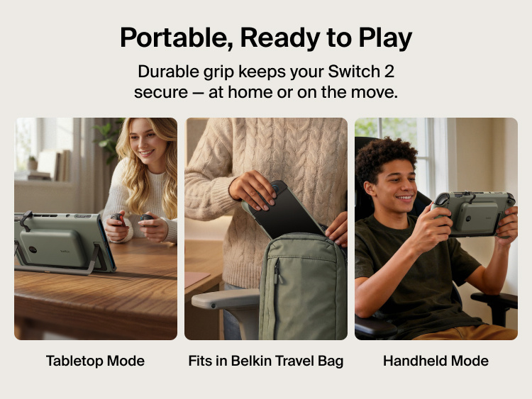 Belkin Gaming Charging Grip for Nintendo Switch 2 supports tabletop and handheld play while fitting securely inside a compatible travel bag.
