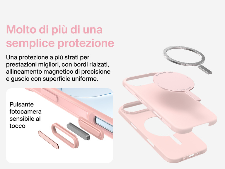 Immagine della custodia Belkin SheerForce Protect Series per iPhone 17 che evidenzia la compatibilit&agrave; con MagSafe e Qi2 per un aggancio magnetico potente a caricabatterie e altri accessori.