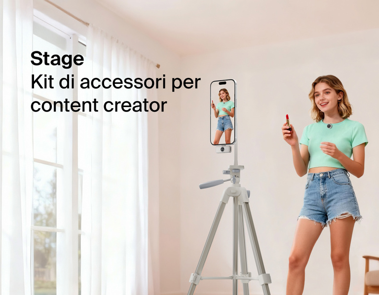 Image showing a person using the Belkin Stage Creator Kit with smartphone mounted on a motorized stand and tripod, demonstrating hands-free video recording for content creation in a home setting.
