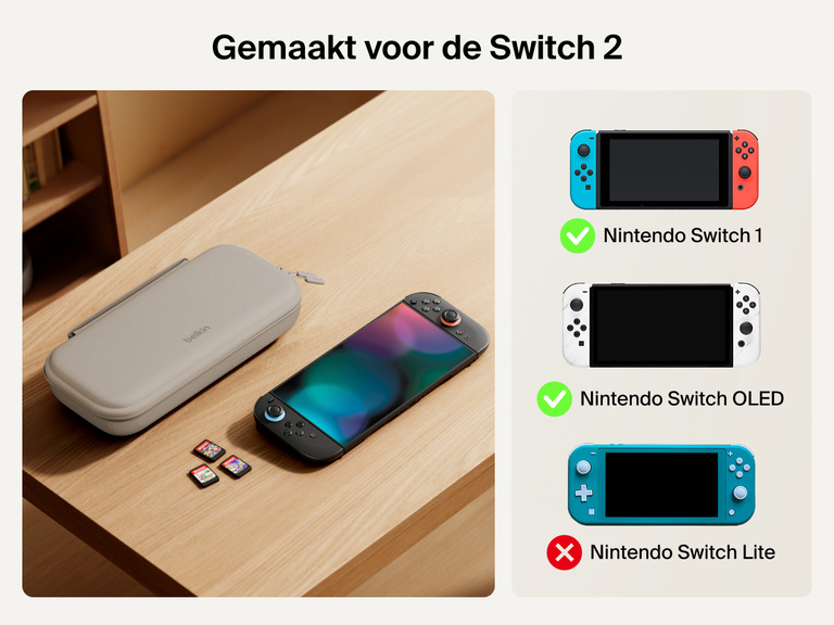 Belkin Gaming Charging Case shown next to Nintendo Switch 2 and game cards, with compatibility clearly marked for Switch 2 only—not compatible with Nintendo Switch 1, OLED, or Lite models.