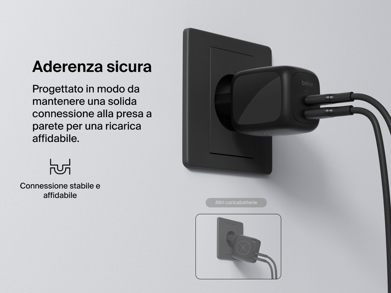 Immagine del doppio caricabatteria da parete GaN USB-C da 67 W BoostCharge Pro Belkin, collegato a una presa di corrente, a dimostrarne la connessione sicura e stabile per garantire prestazioni di ricarica affidabili.