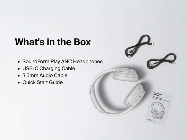 SoundForm Play Active Noise Cancelling Headphones for Kids packaging contents laid out, including the headphones, USB-C charging cable, 3.5mm audio cable, and quick start guide