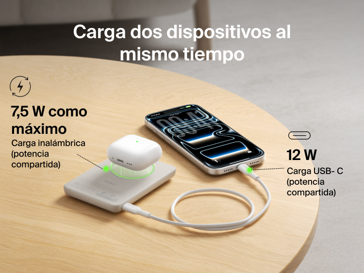 Belkin BoostCharge Slim Magnetic Power Bank 5K with Qi2 charging two devices simultaneously using magnetic wireless charging and USB-C wired output for shared power.