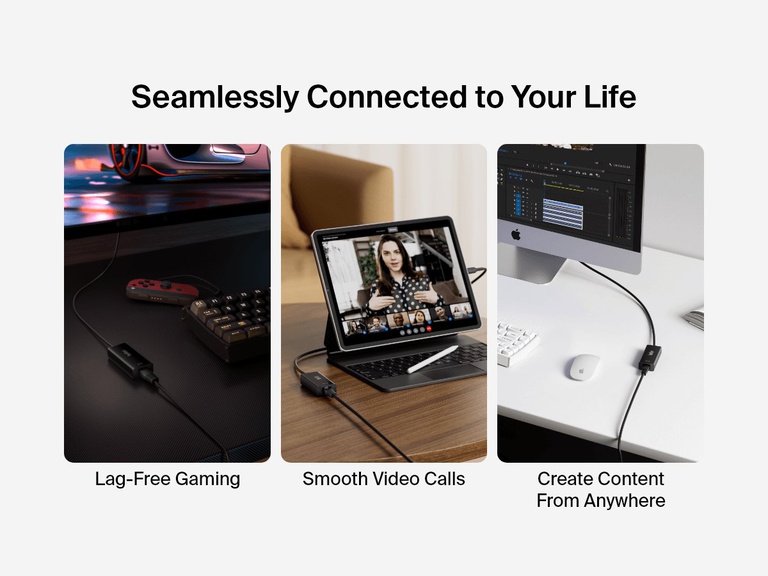 Belkin USB-C to Gigabit Ethernet Adapter is featured in three lifestyle scenarios—gaming, video calling, and content creation—emphasizing its reliable, lag-free wired internet connection for various activities.