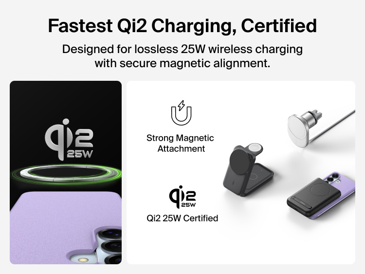 Belkin SheerForce Protect Series Case for Samsung Galaxy S26 supporting Qi2 25W certified wireless charging with strong magnetic alignment for fast, secure power delivery.