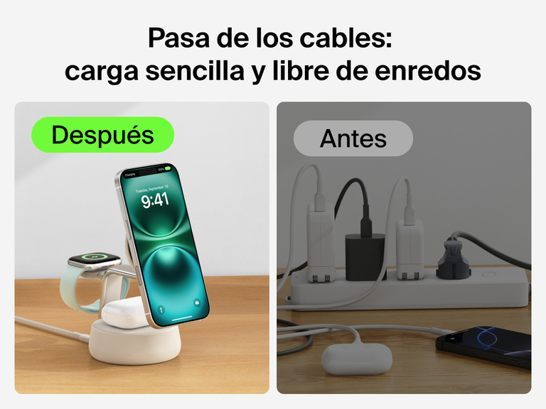 La estación magnética de carga 3 en 1 con Qi2 25W Belkin UltraCharge Pro suministra una carga sencilla y sin líos de cables. Podrás dejar tu maraña de cables en un cajón y reemplazarlos por nuestra elegante solución de carga para iPhone, Apple Watch y AirPods.
