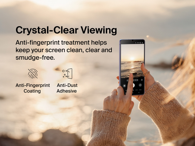 Belkin ScreenForce Titan SmartShield Privacy Filter Screen Protector for Samsung Galaxy S26 demonstrating crystal-clear viewing with anti-fingerprint coating and anti-dust adhesive to keep the display clean, clear, and smudge-free.