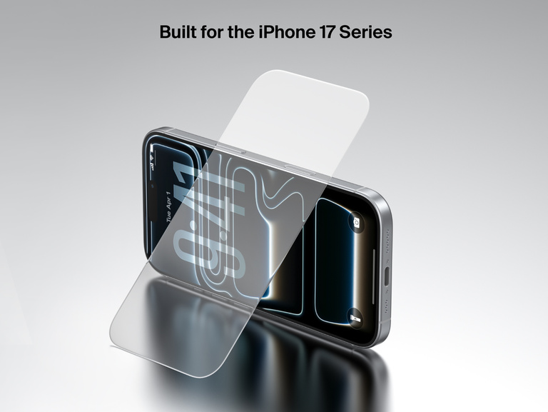Belkin ScreenForce TemperedGlass Screen Protector shown on the latest iPhone, providing durable edge-to-edge protection with crystal-clear clarity.